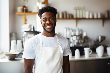 African american barista wearing apron working at the counter in cafe indoors - Powered by Adobe