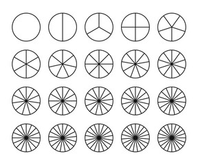 Segment slice icons set. Circles divided in segments from 1 to 20. Vector round 20 section. Pie charts icon
