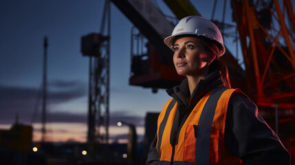 A powerful image of a female construction worker in a hard hat and high - vis vest, against the backdrop of a towering construction crane, shot at dusk, ambient lighting