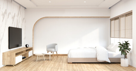 Bedroom japanese minimal style.,Modern white wall and wooden floor, room minimalist.