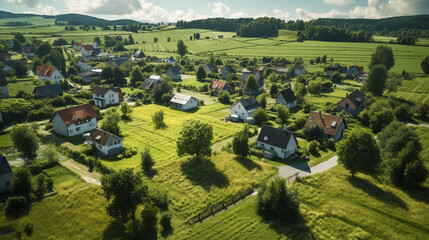 Aerial shot of a tiny home village, array of homes scattered in a lush green field, community atmosphere, communal areas