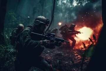 Fototapeta premium Team of soldiers engaged in the exploration of the forest 