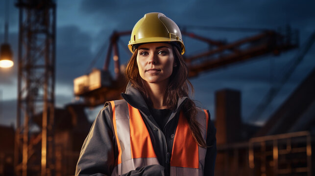 A Powerful Image Of A Female Construction Worker In A Hard Hat And High - Vis Vest, Against The Backdrop Of A Towering Construction Crane, Shot At Dusk, Ambient Lighting