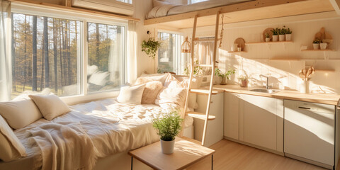 Fototapeta na wymiar Cozy, Scandinavian - style tiny home interior, furnished with light wooden furniture, woolen blankets, neutral tones. Highlight the open concept layout, a lofted bed, and an abundance of natural light