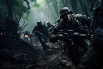 Fototapeta premium Team of soldiers engaged in the exploration of the forest