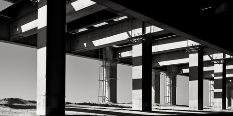Detailed, high contrast black and white image of a half - finished concrete structure, textures and...