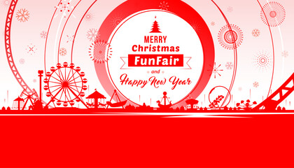 Merry Christmas and Happy New Year with amusement funfair, snowflakes and fireworks background.