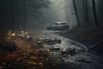 Detectives are collecting evidence in a crime scene. Forensic specialists are making expertise. Police investigation in a forest