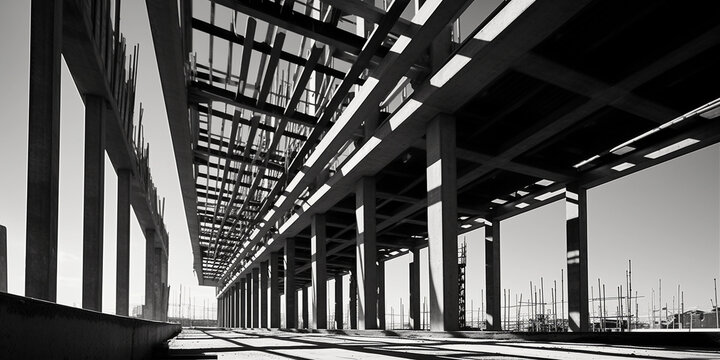 Detailed, high contrast black and white image of a half - finished concrete structure, textures and shadows of rebars, beams, pillars, shot in harsh midday sun