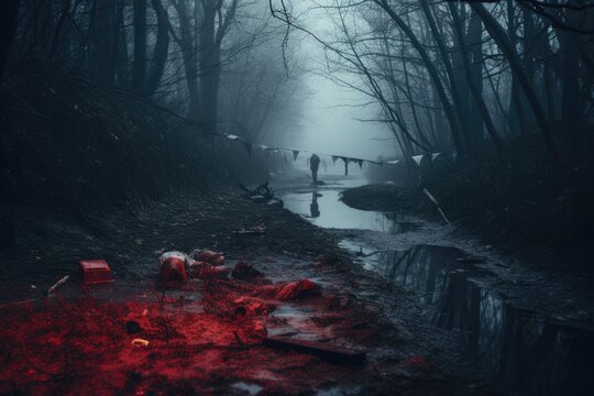 Detectives are collecting evidence in a crime scene. Forensic specialists are making expertise. Police investigation in a forest