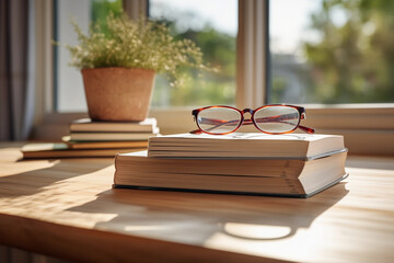 a stack of personal development books on a wooden desk, a pair of glasses on top. The window in the background shows a serene landscape, early morning light