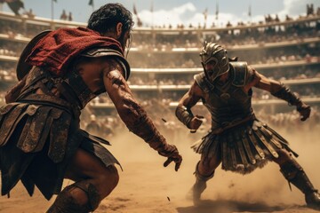 A ferocious gladiator wearing armored Roman gladiator at the Ancient Rome gladiatorial games in the coliseum - obrazy, fototapety, plakaty