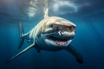 Naklejka premium a great white shark, piercing gaze, intense details, in deep ocean waters, dynamic lighting