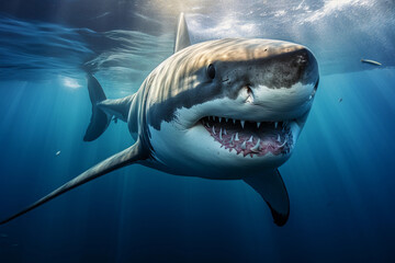 Fototapeta premium a great white shark, piercing gaze, intense details, in deep ocean waters, dynamic lighting