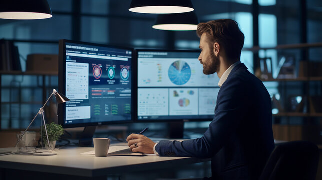 A Man In A Modern Office, Looking At A Large Monitor Displaying A Webinar Mood: Focused, Motivated