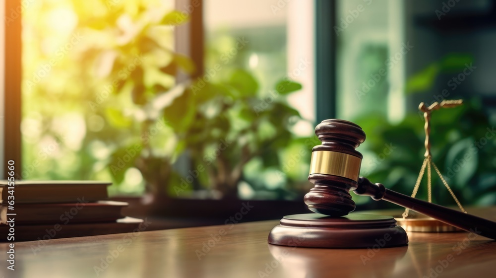 Poster a gavel on a table top with green environment in blur background. beautiful generative ai aig32