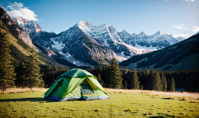 green outdoor tent camping alone on green grass with big mountains and forest in back, generative AI