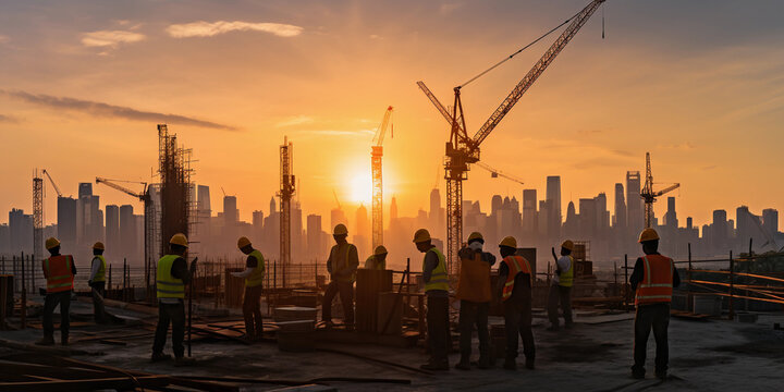 Sunset scene of a construction site in a bustling city, silhouette of cranes and workers against the orange sky, urban skyline in the backdrop