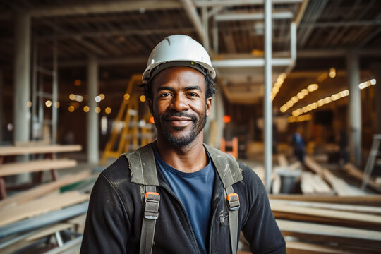 African american man in safety helmet working in workshop.