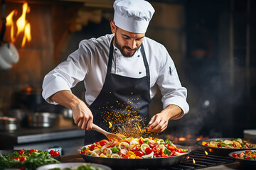 Male chef preparing vegetable vegetarian dish at a professional kitchen.