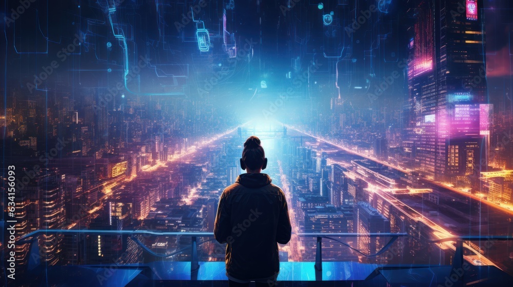 Poster visualize a skilled cyberpunk hacker operating within a futuristic landscape, surrounded by holograp