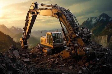 Excavator loader machine at demolition construction site