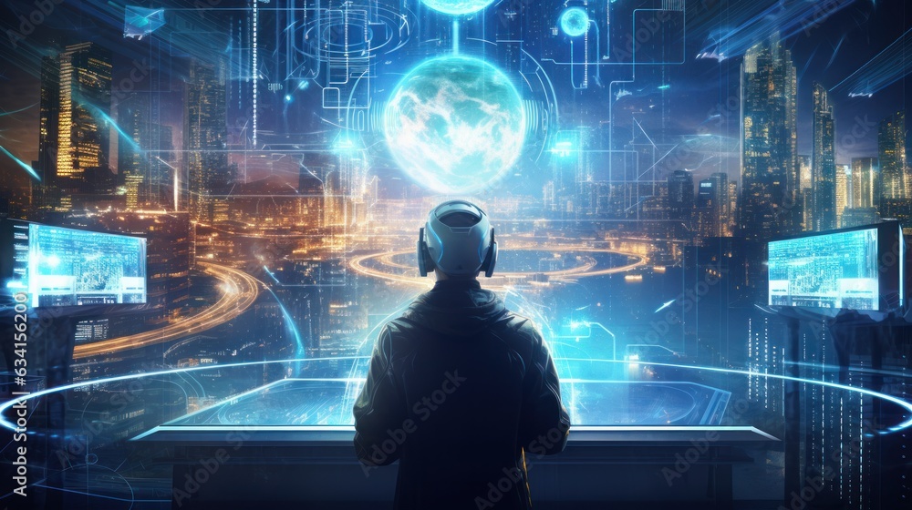 Poster visualize a skilled cyberpunk hacker operating within a futuristic landscape, surrounded by holograp