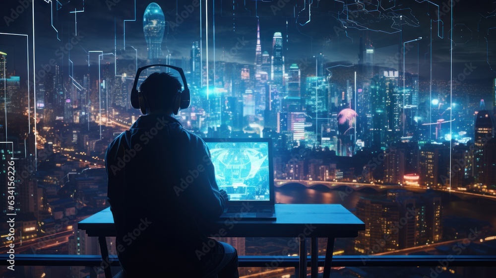 Poster visualize a skilled cyberpunk hacker operating within a futuristic landscape, surrounded by holograp