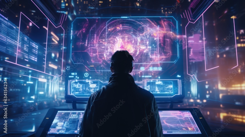 Poster visualize a skilled cyberpunk hacker operating within a futuristic landscape, surrounded by holograp