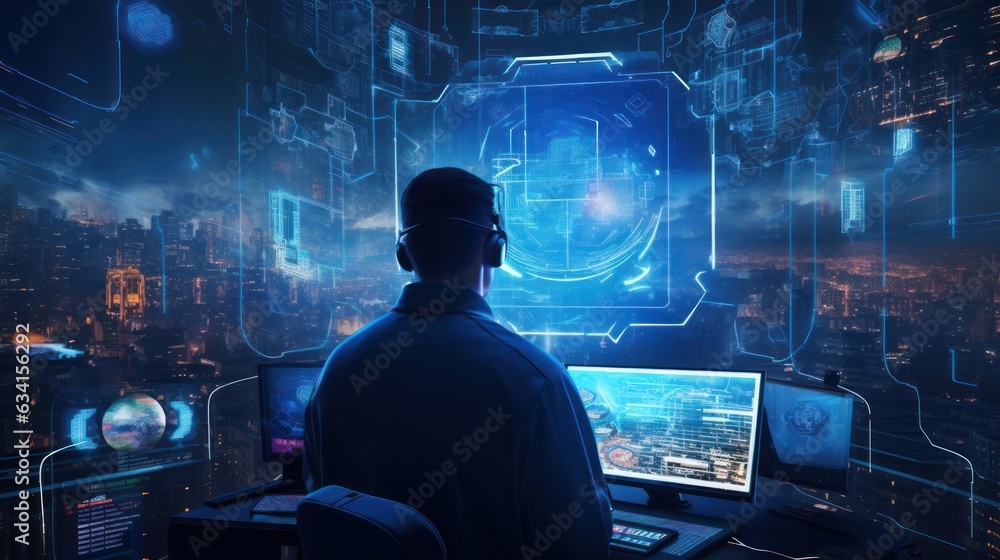 Poster visualize a skilled cyberpunk hacker operating within a futuristic landscape, surrounded by holograp