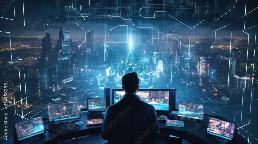 Poster visualize a skilled cyberpunk hacker operating within a futuristic landscape, surrounded by holograp