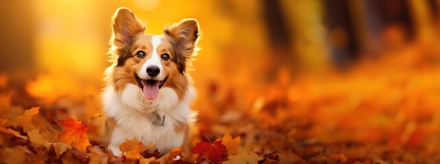 Happy dog in autumn leaves on autumn background. Banner, copy space