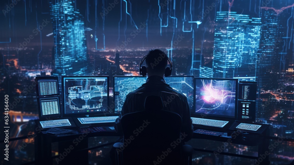 Poster visualize a skilled cyberpunk hacker operating within a futuristic landscape, surrounded by holograp