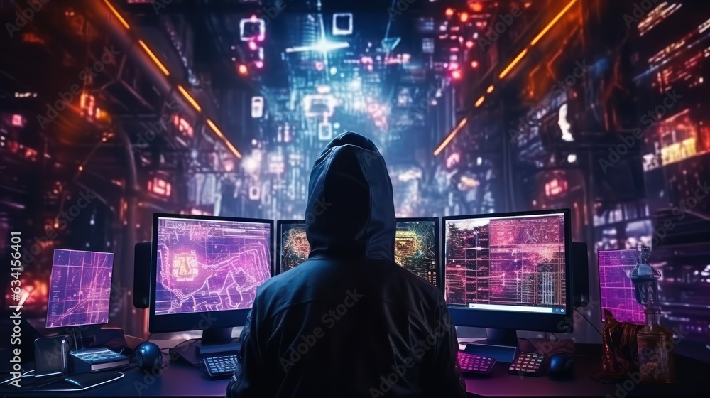 Poster visualize a skilled cyberpunk hacker operating within a futuristic landscape, surrounded by holograp