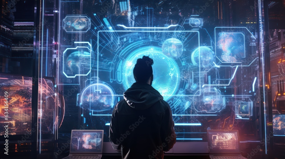 Poster visualize a skilled cyberpunk hacker operating within a futuristic landscape, surrounded by holograp