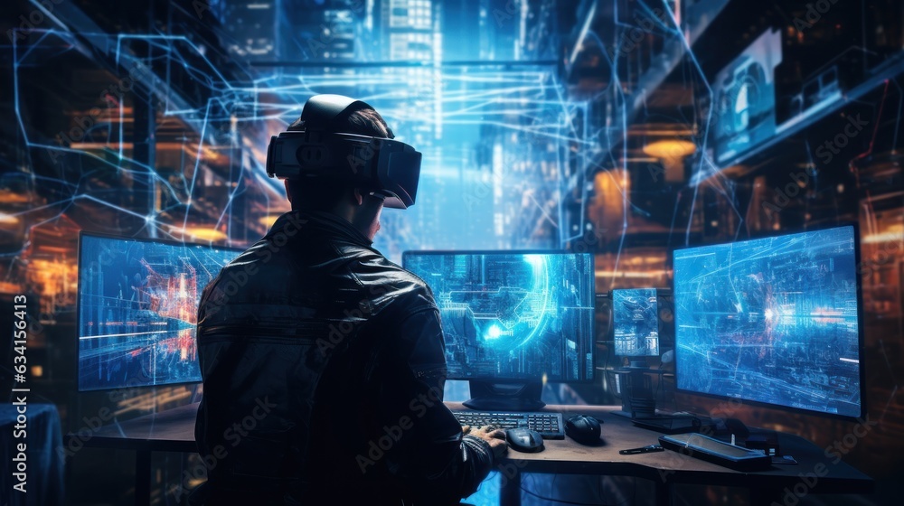 Poster visualize a skilled cyberpunk hacker operating within a futuristic landscape, surrounded by holograp