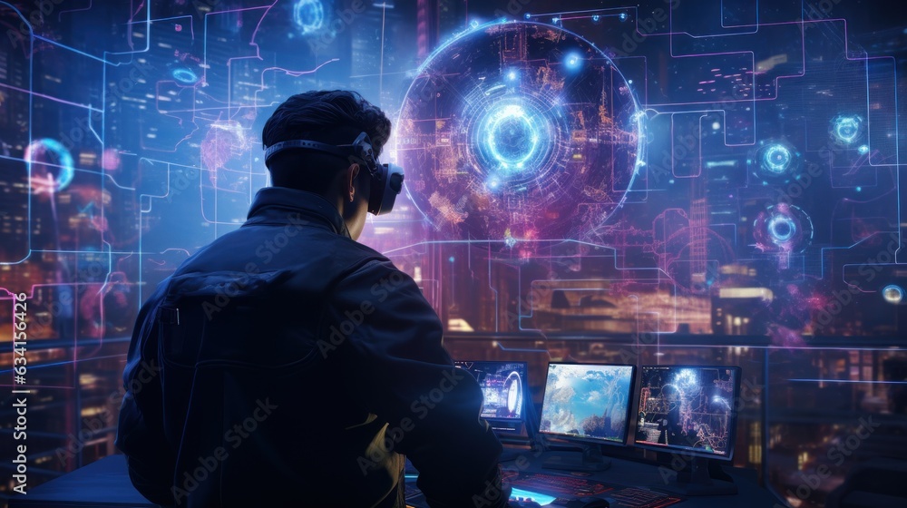 Poster visualize a skilled cyberpunk hacker operating within a futuristic landscape, surrounded by holograp