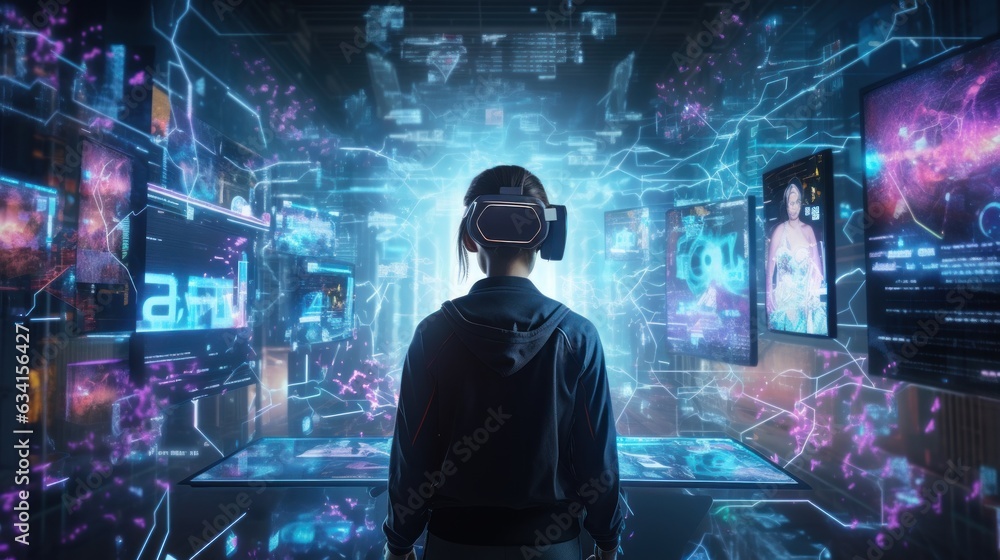 Poster visualize a skilled cyberpunk hacker operating within a futuristic landscape, surrounded by holograp