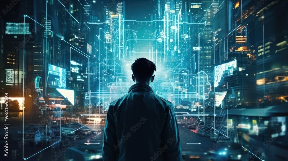Poster visualize a skilled cyberpunk hacker operating within a futuristic landscape, surrounded by holograp