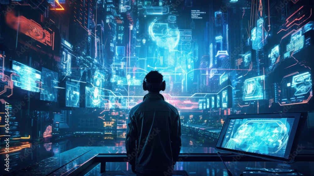 Poster visualize a skilled cyberpunk hacker operating within a futuristic landscape, surrounded by holograp
