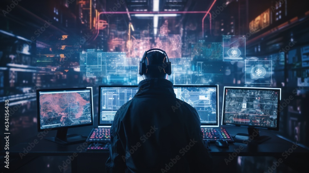 Poster visualize a skilled cyberpunk hacker operating within a futuristic landscape, surrounded by holograp