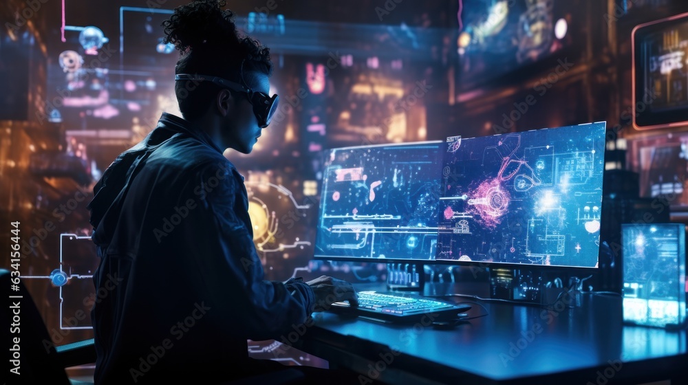 Poster visualize a skilled cyberpunk hacker operating within a futuristic landscape, surrounded by holograp