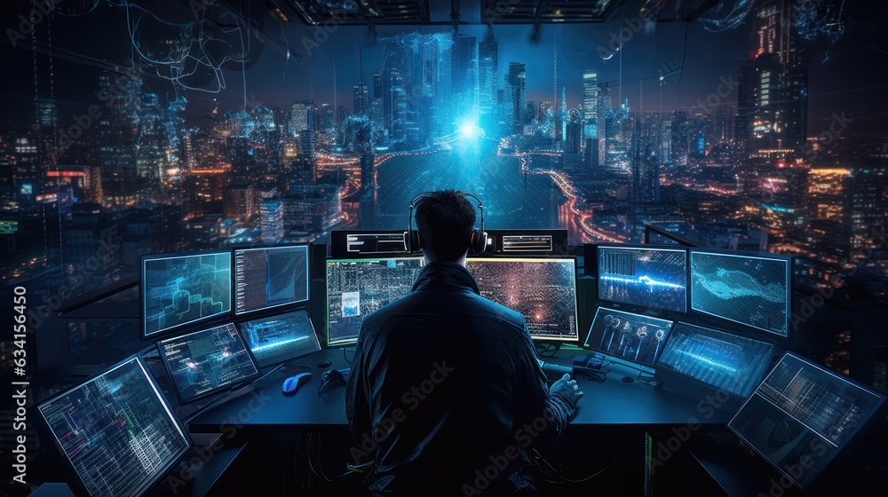 Poster visualize a skilled cyberpunk hacker operating within a futuristic landscape, surrounded by holograp