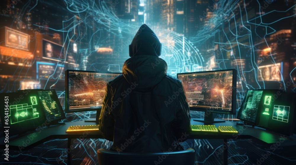 Poster visualize a skilled cyberpunk hacker operating within a futuristic landscape, surrounded by holograp