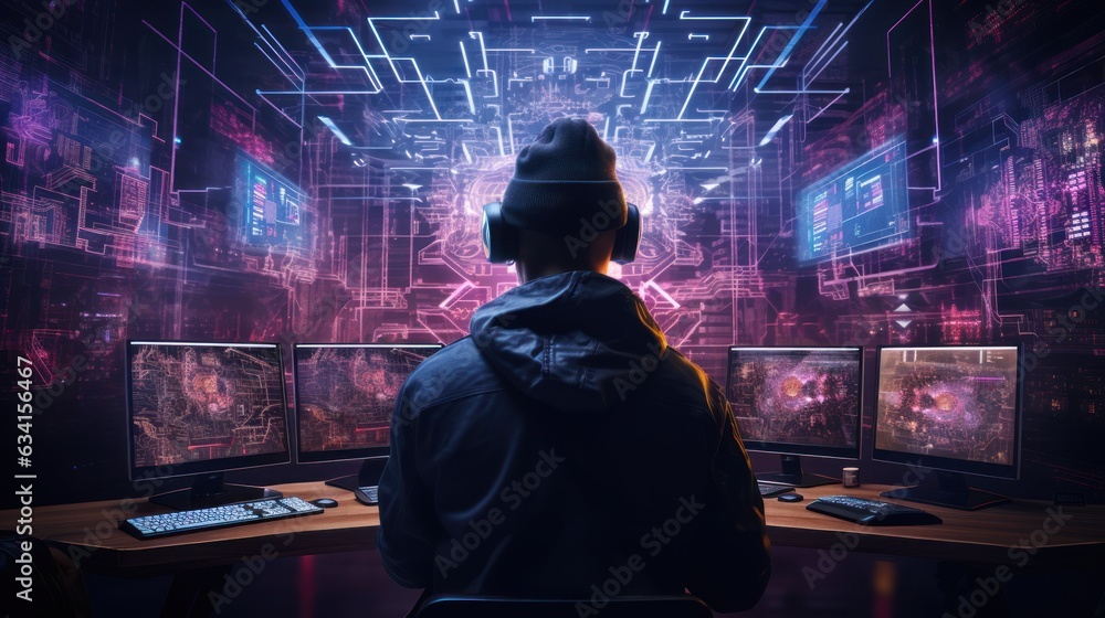 Poster visualize a skilled cyberpunk hacker operating within a futuristic landscape, surrounded by holograp