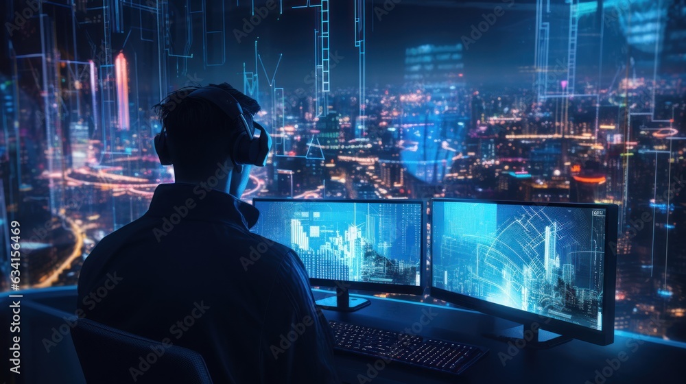 Poster visualize a skilled cyberpunk hacker operating within a futuristic landscape, surrounded by holograp