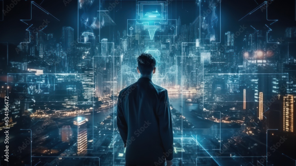 Poster visualize a skilled cyberpunk hacker operating within a futuristic landscape, surrounded by holograp