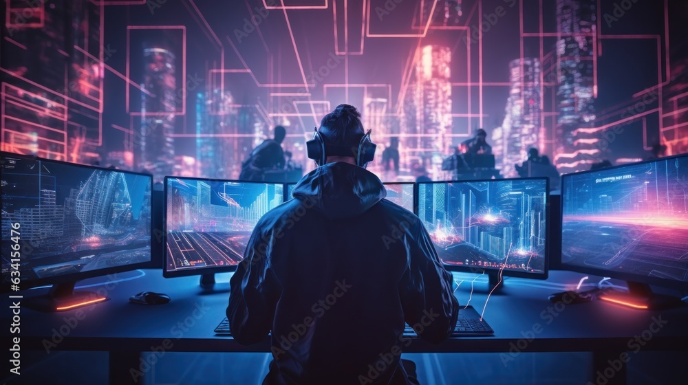 Poster visualize a skilled cyberpunk hacker operating within a futuristic landscape, surrounded by holograp
