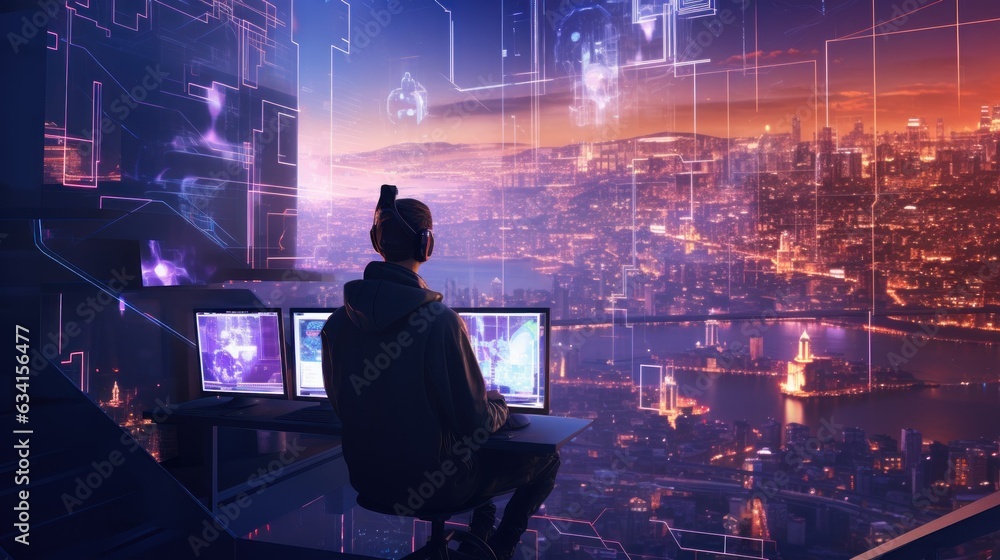 Poster visualize a skilled cyberpunk hacker operating within a futuristic landscape, surrounded by holograp