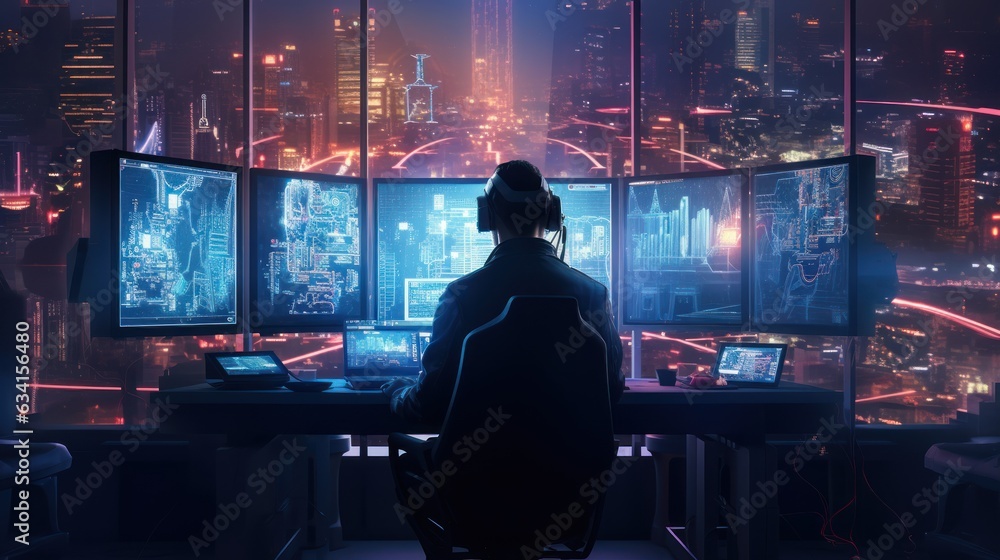 Poster visualize a skilled cyberpunk hacker operating within a futuristic landscape, surrounded by holograp